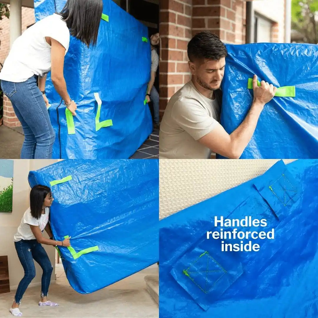 Collage of people using the different handles of TROVERR mattress bags showing how easy it is to then carry a mattress