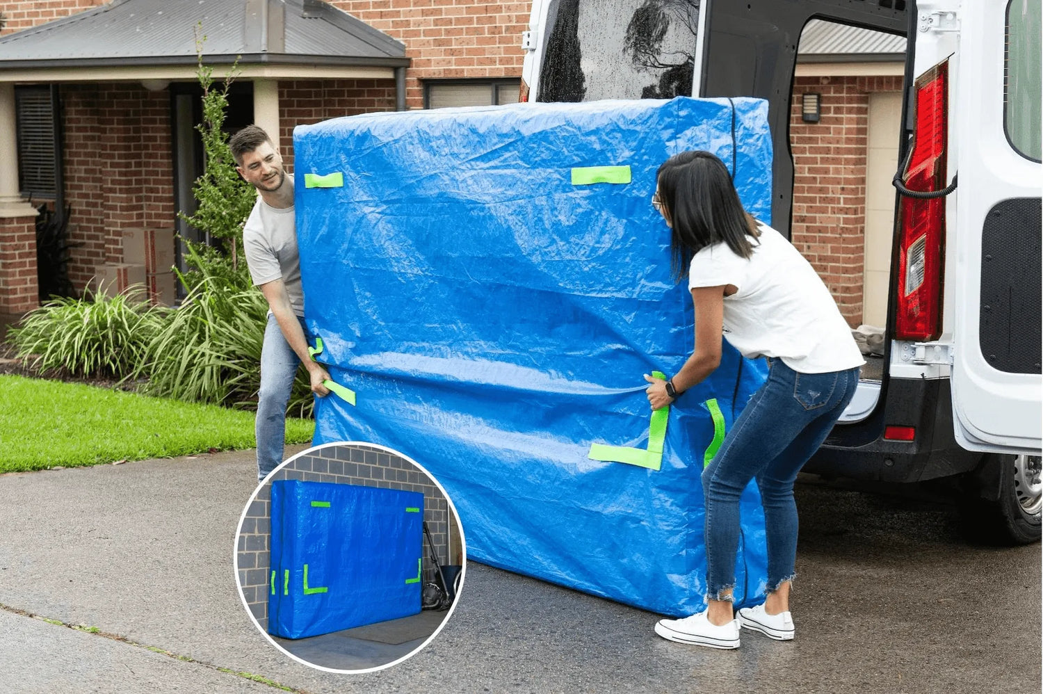 Mattress cover for moving easily being carried by two people and a photo of it being used as a mattress storage bag